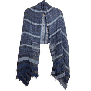 Eileen Fisher Virgin Wool Organic Cotton Scarf Denim Blue Striped Wrap OS Shawl